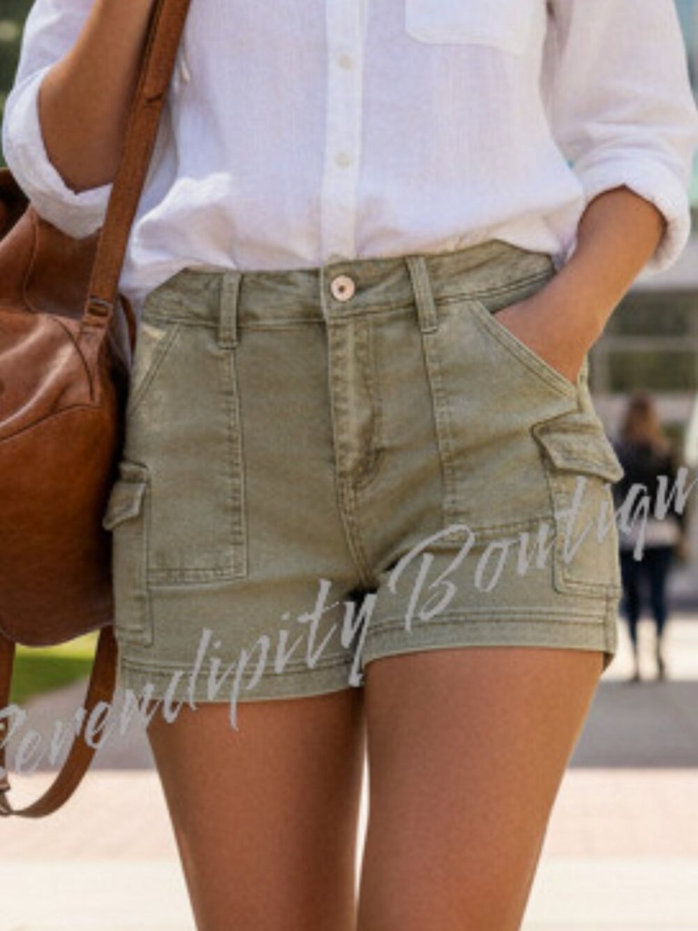 Zenana Denim Cargo Utility Comfort Stretch Lt Olive Khaki Hiker Jean Shorts